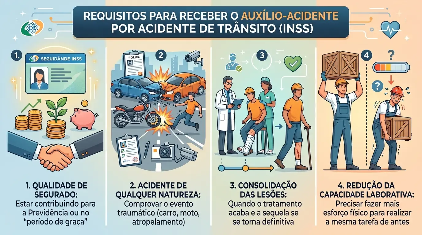 Requisitos para auxílio-acidente por acidente de trânsito: qualidade, evento, lesões e capacidade.