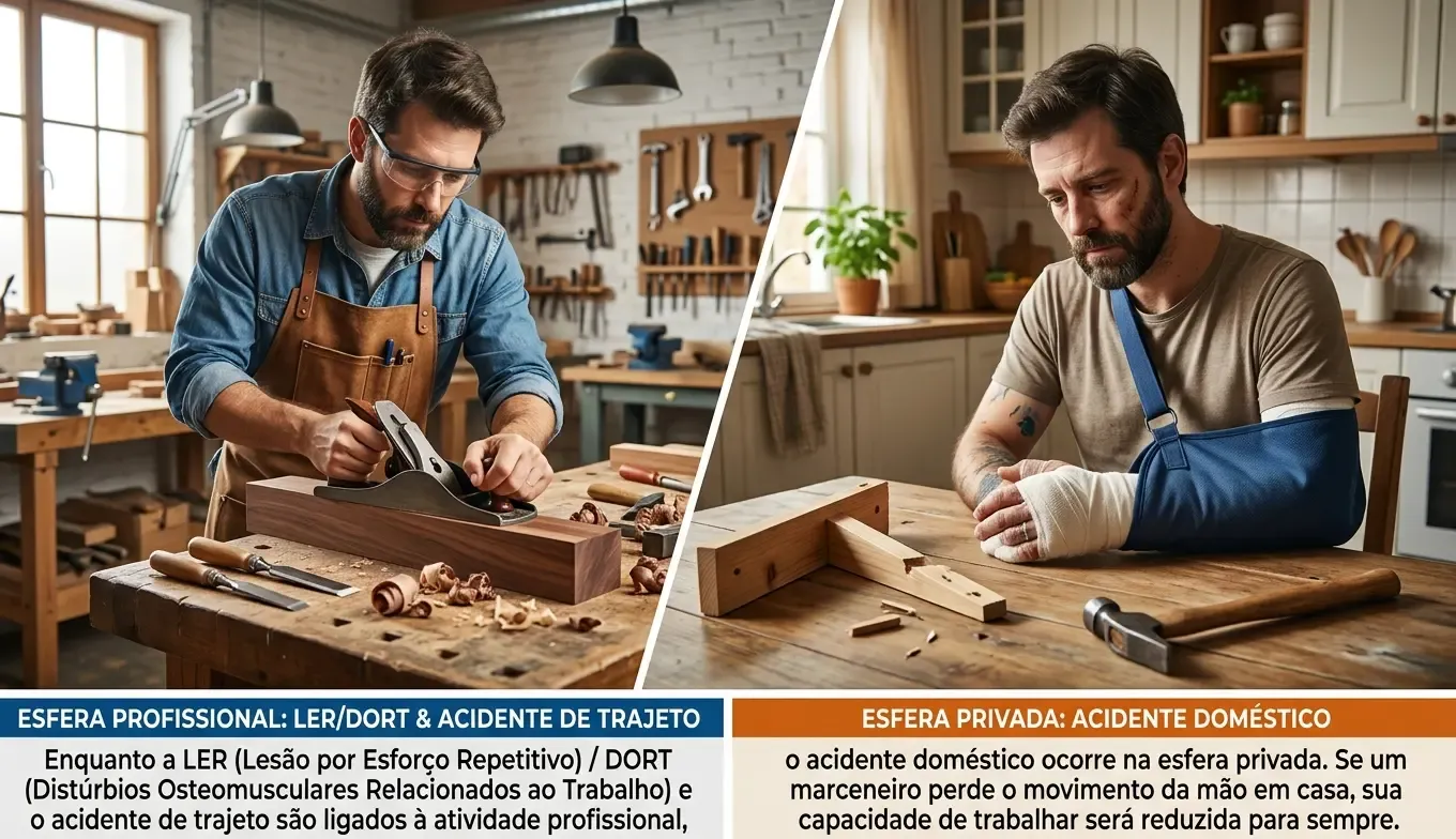 Marceneiro com braço engessado, ilustrando auxílio-acidente por acidente doméstico.