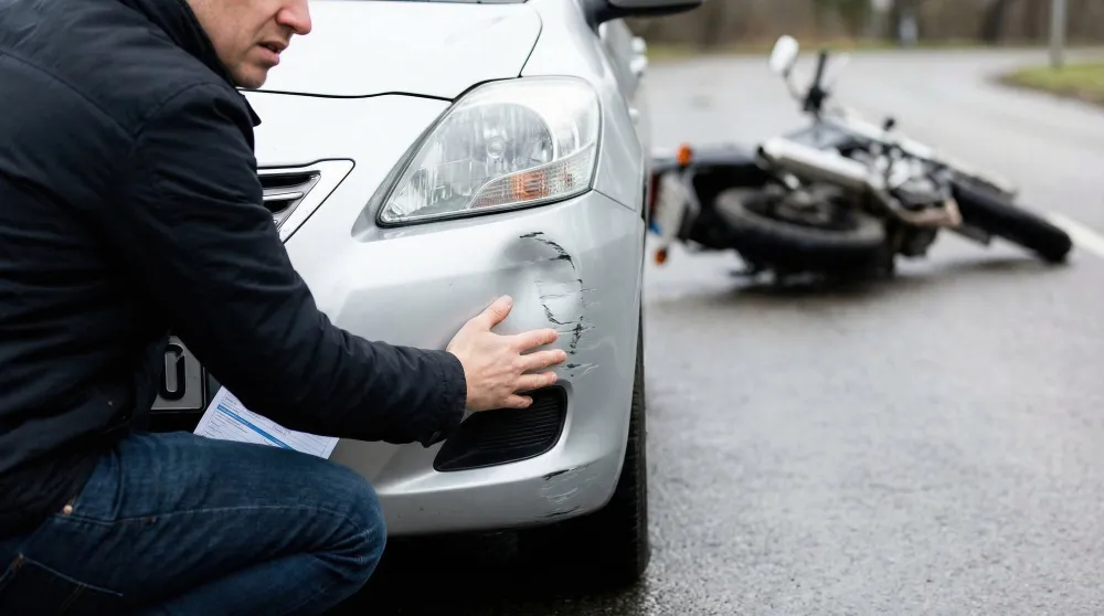 Homem inspeciona carro danificado após acidente de moto, indicando que sequela de acidente de moto dá direito a auxílio-acidente.